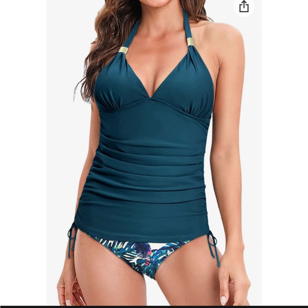 NWT Teal two piece tankini swimsuit high waisted bottoms.